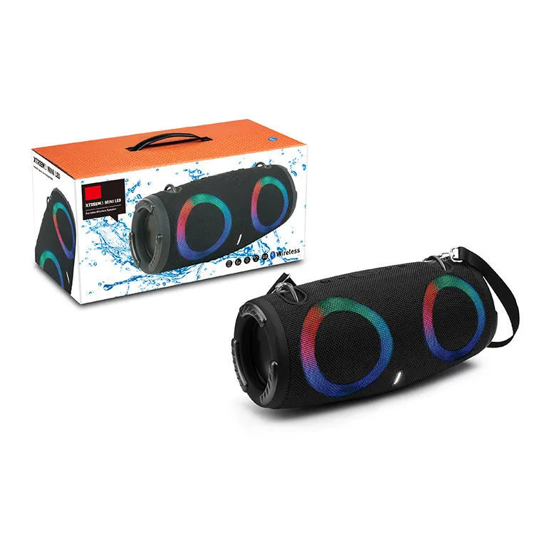 War Drum portable Bluetooth speaker in multiple colours with RGB lights and a carrying strap.