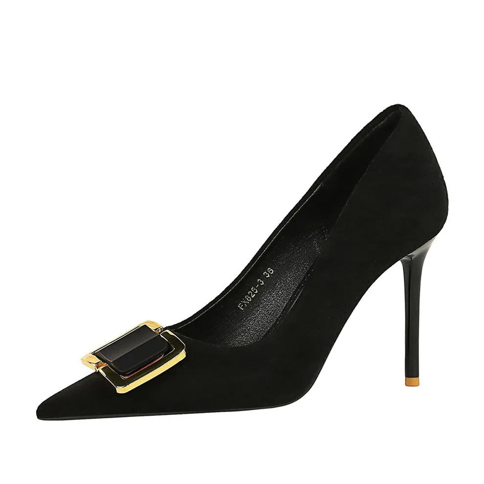 Black suede women's stiletto high heels with a 9cm heel and pointed toe on a rubber sole.