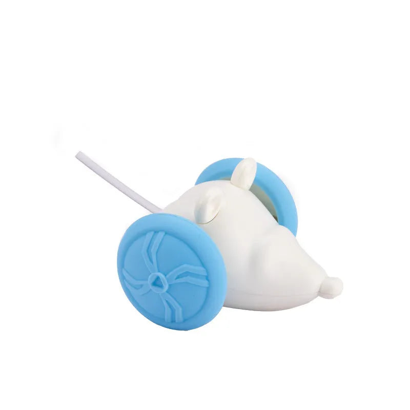 Electric cat toy mouse with remote control on wooden floor, blue and yellow variants shown