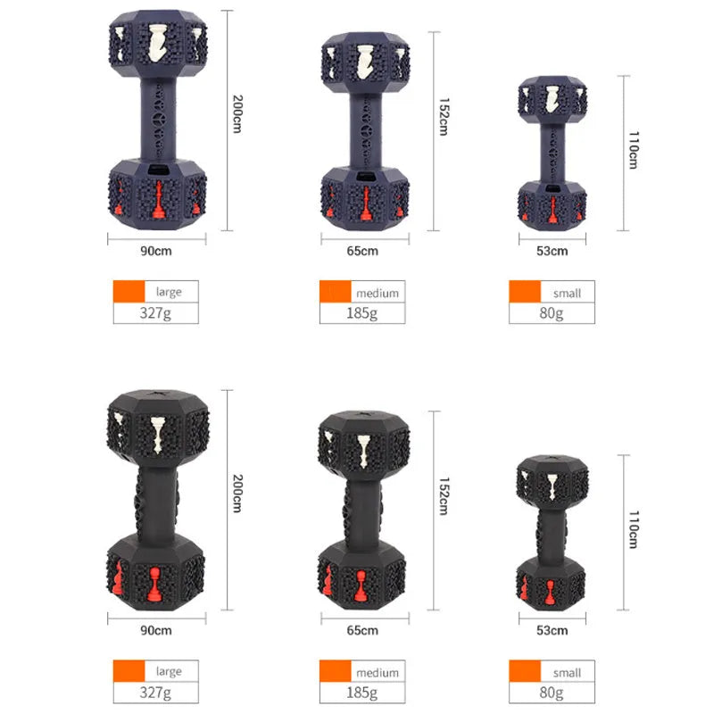 Durable rubber dumbbell dog chew toy with hollow ends for treats and textured cleaning surface