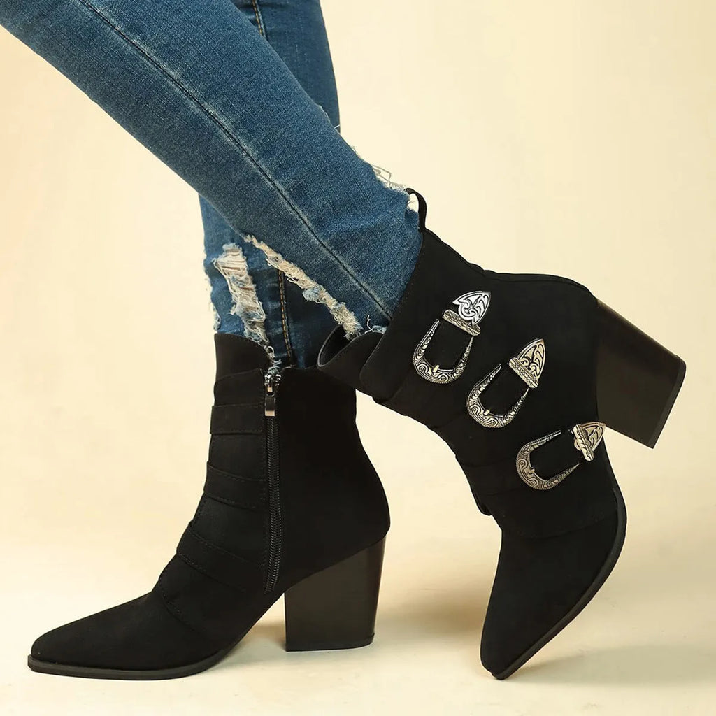 Chunky heel pointed toe retro mid-calf boots with belt buckle design for women, black colour, side view