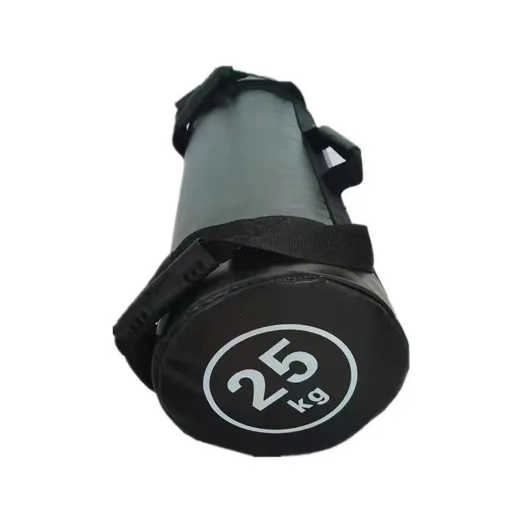 Flat white PVC fitness sandbag for weight lifting and strength training, shown with weight options.