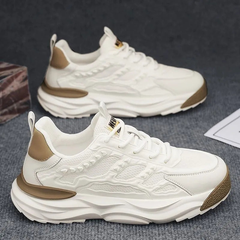 Men's solid colour breathable mesh trainers showing round toe design in white and black options