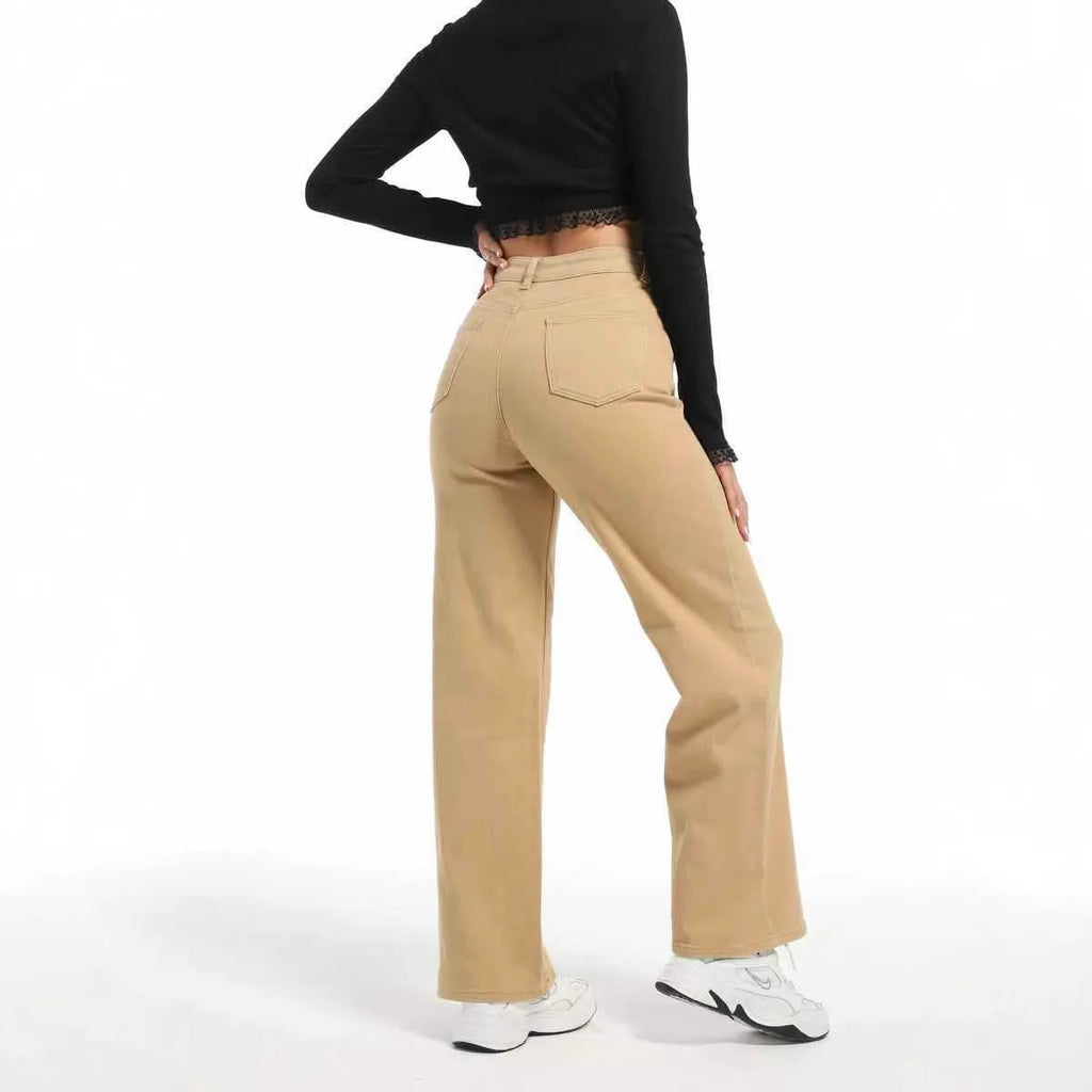 Women's apricot wide leg straight jeans with high waist on a hanger.