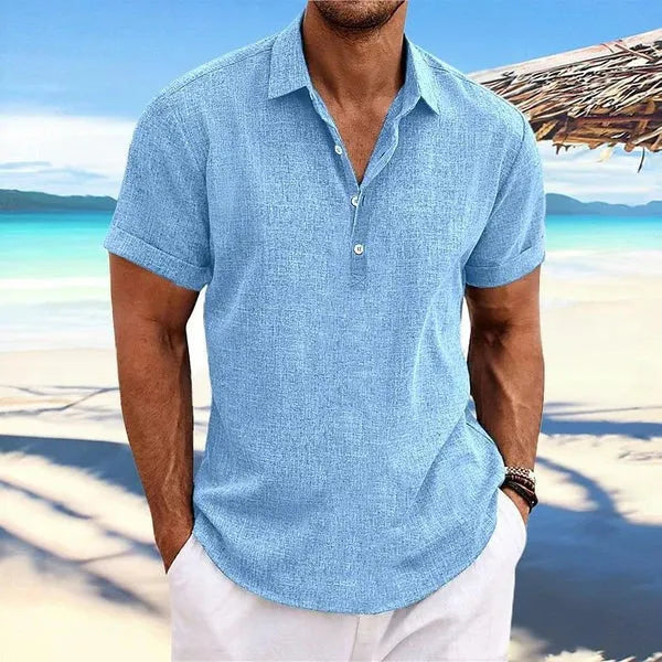 Men's light grey loose-fit cotton blend cardigan with a lapels collar and long sleeves laid flat.