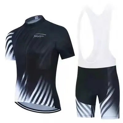 Cycling jersey and pants set for summer biking with moisture-wicking fabric.