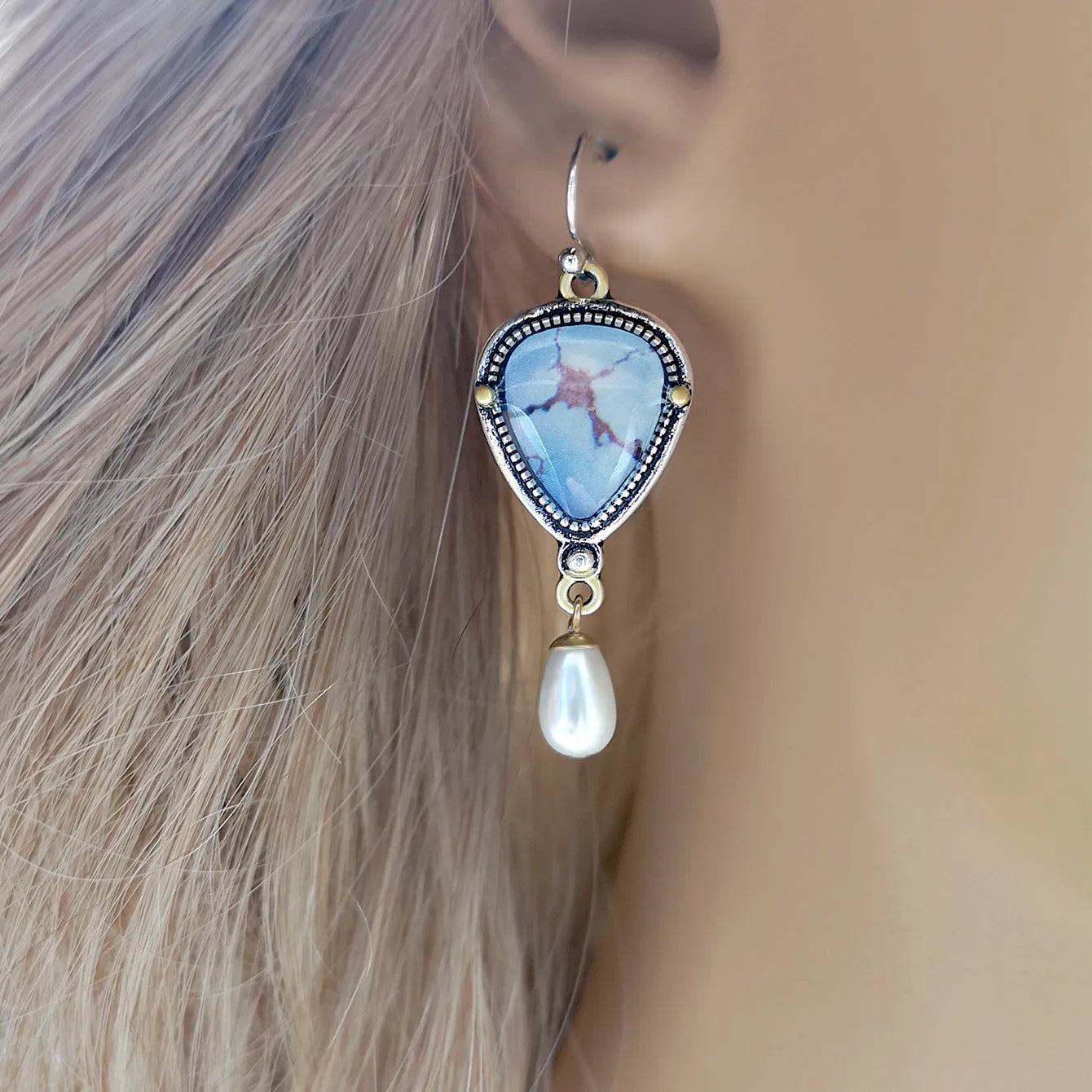 Retro blue geometric drop earrings with synthetic opal and pearl details on electroplated metal