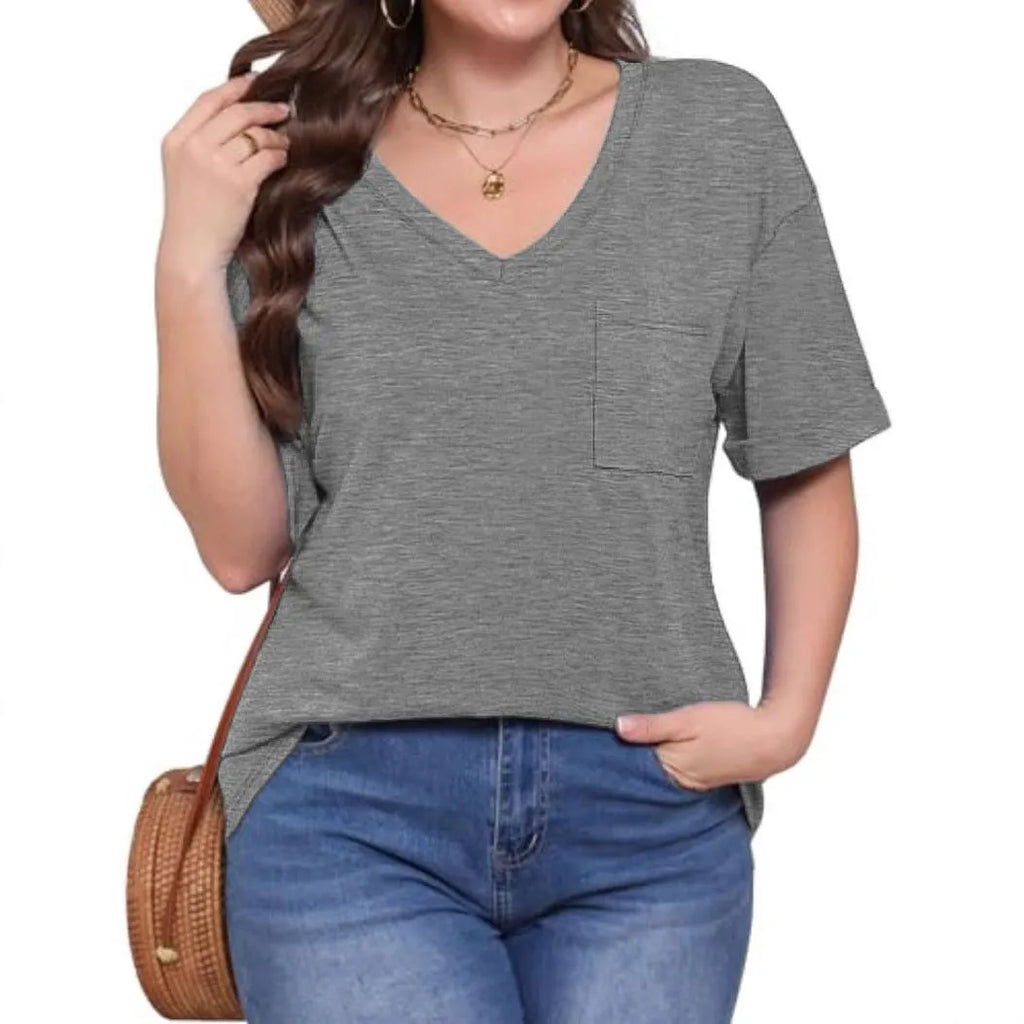 Grey loose fit V-neck short sleeve T-shirt with a front chest pocket on a hanger.
