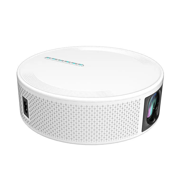 White plastic portable 720p HD wireless projector with electric focus on a table