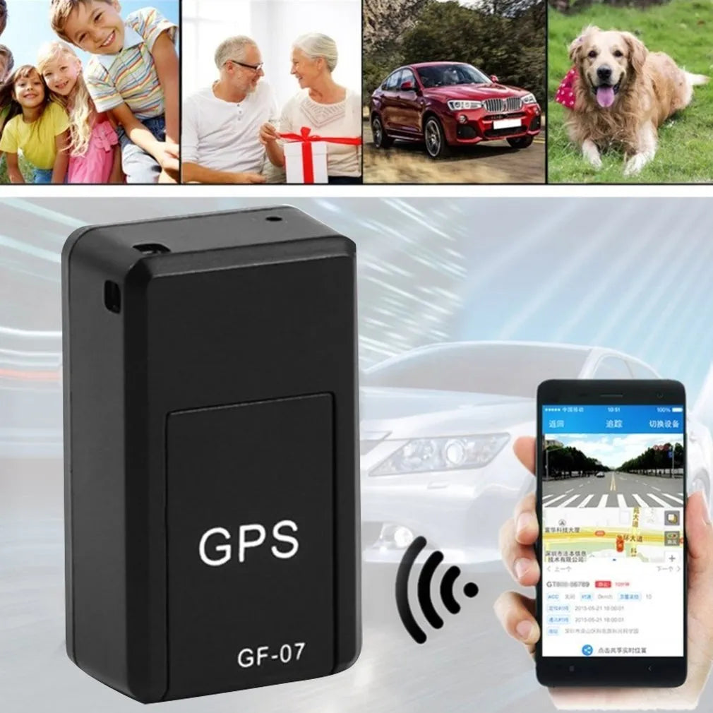 Small black magnetic GPS tracker device next to a USB charging cable.