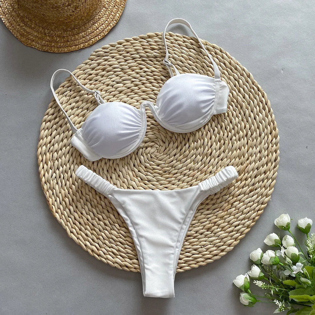 Women's underwire bikini swimsuit set in black, white, or khaki colours
