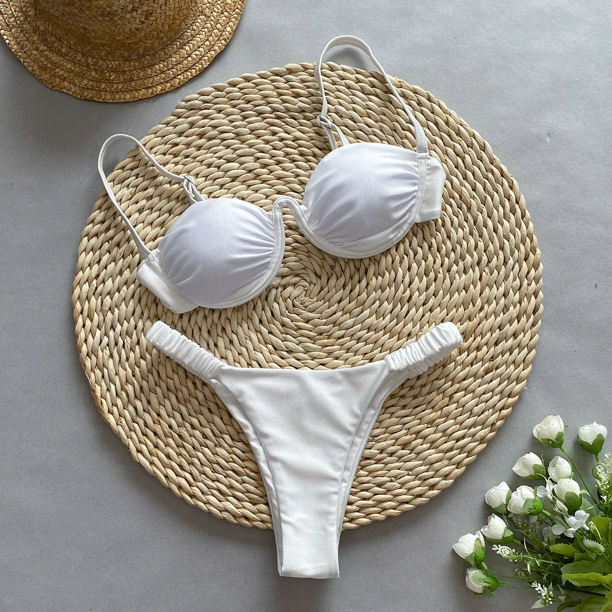 Women's underwire bikini swimsuit set in black, white, or khaki colours