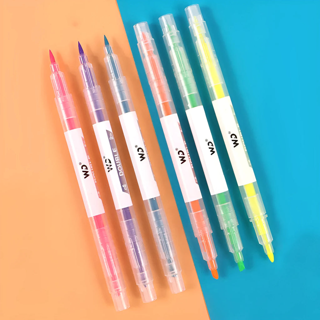 Set of six double-headed highlighter pens showing round and oblique nibs in orange, yellow, green, red, purple, and blue.