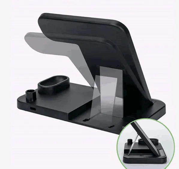 Black 4-in-1 wireless charging station showing phone on adjustable stand, with Apple Watch and AirPods charging.
