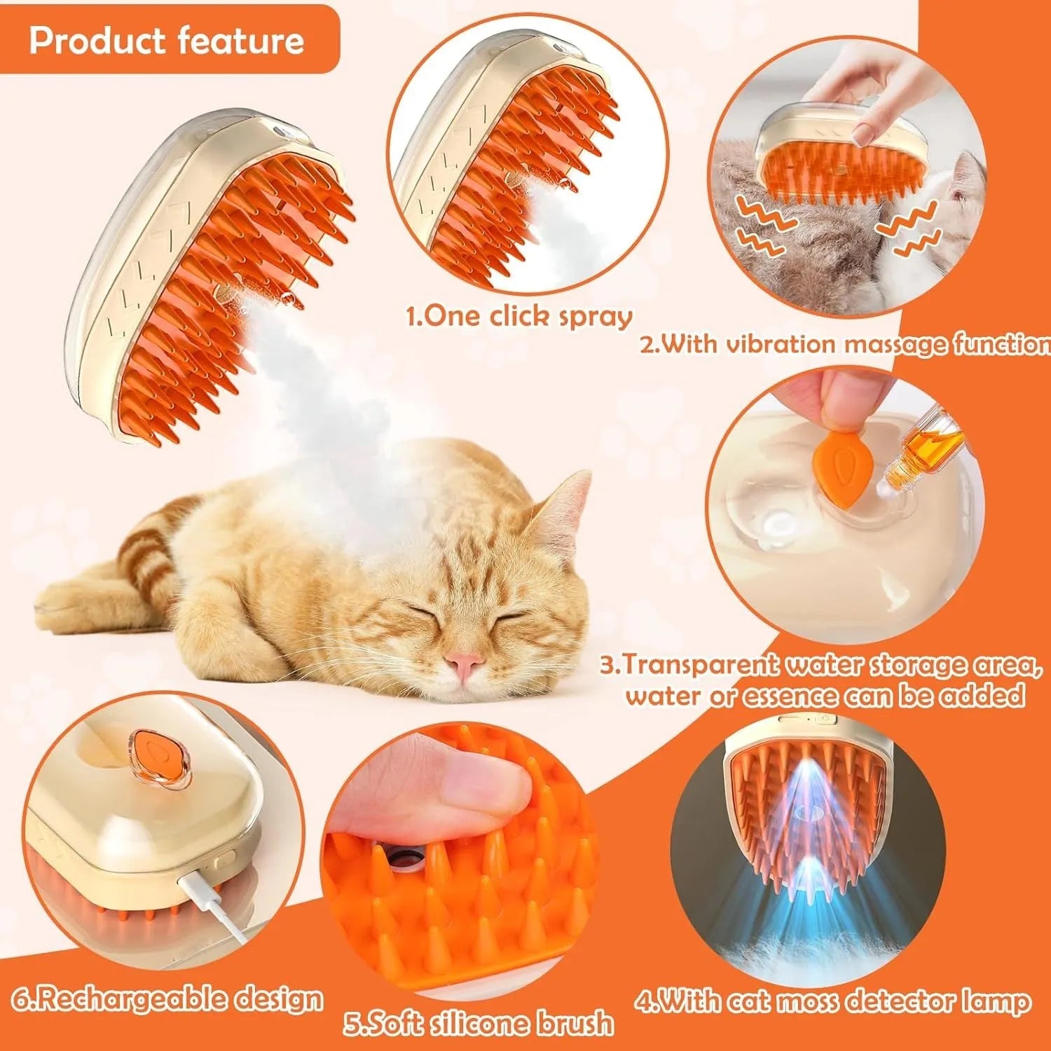 Yellow cat steam brush with silicone teeth, water tank, and ringworm detection lamp for pet grooming