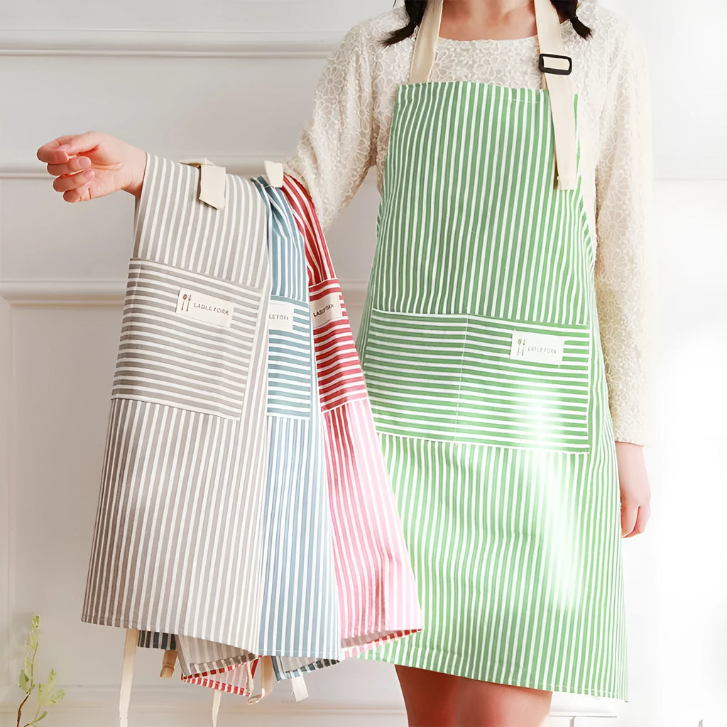 Linen stripe apron in blue, breathable anti-stain kitchen apron for household chores, one size
