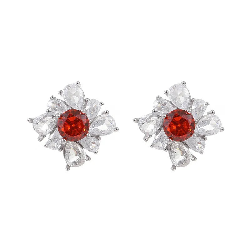 Retro women's silver earrings with pigeon red geometric design and white gold electroplated finish