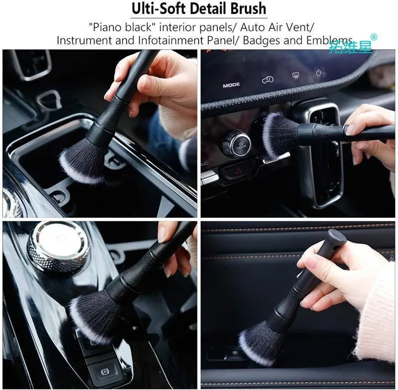 Black car detailing brush with soft pig hair bristles on a PP plastic handle, shown in large and small sizes.