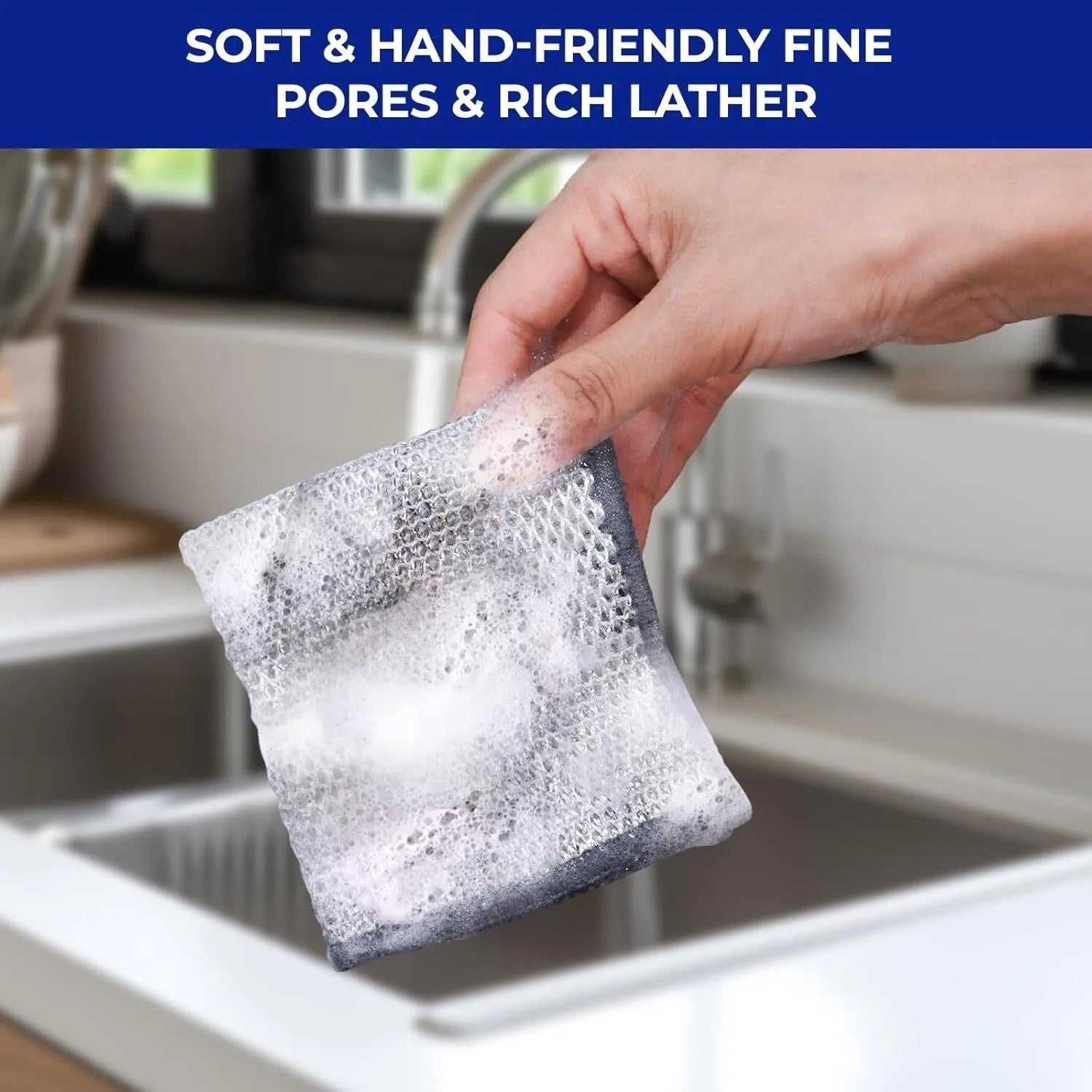 Silver coloured square microfiber scourer pad for cleaning kitchen pots and bowls.