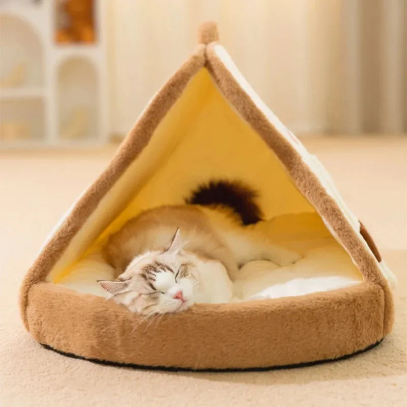 Green enclosed cat tent bed with removable blanket for winter sleeping