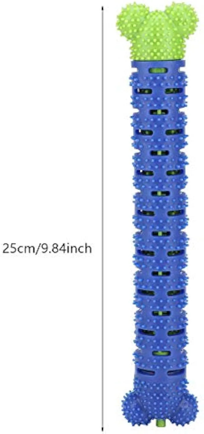 Blue-green silicone dog dental cleaning stick with serrated brush head and food crevice, 25cm long