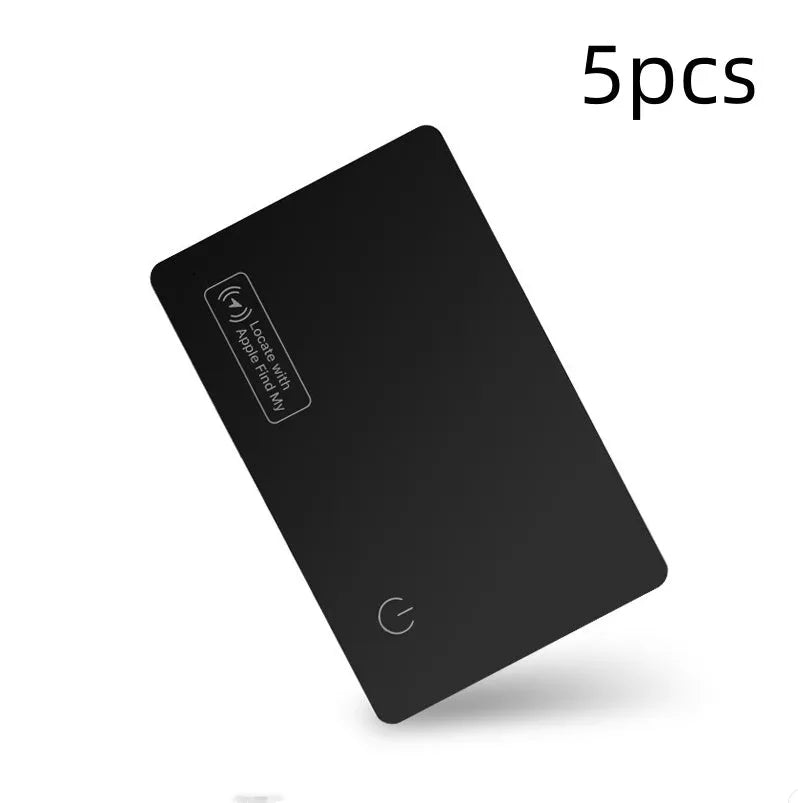 Black ultra-thin anti-loss tracking card for Apple devices with wireless charging, shown next to a credit card for size comparison.