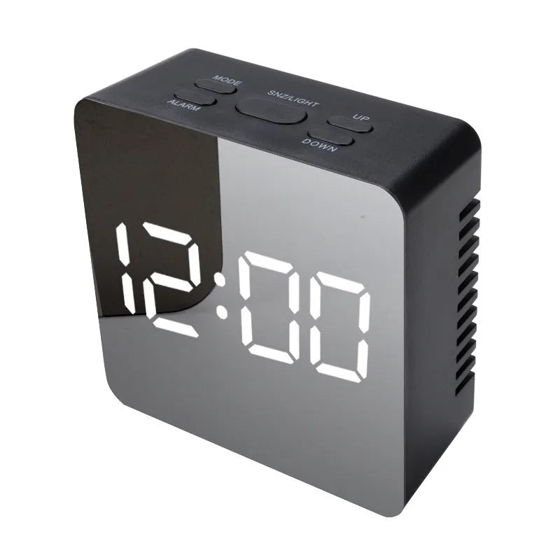 LED digital mirror desktop alarm clock with USB cable, plastic shell, rectangular white light