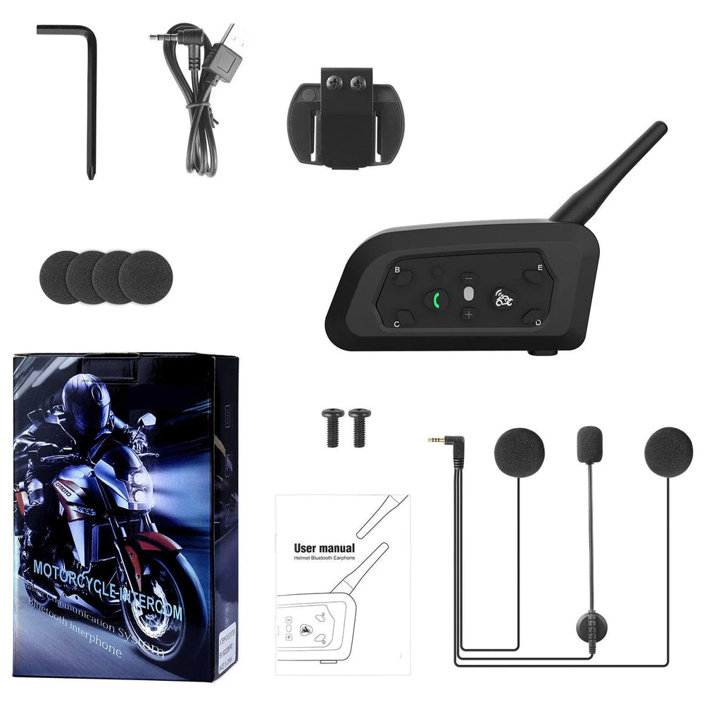 V6 Pro motorcycle Bluetooth intercom unit with headphones and mounting hardware