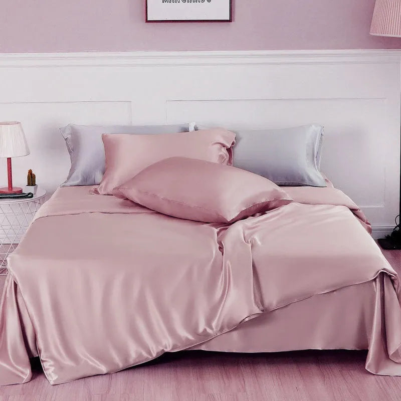 Double-sided silk duvet cover showing Lotus Pink, pea green, bright brown, mysterious purple, white, and silver blue colour options