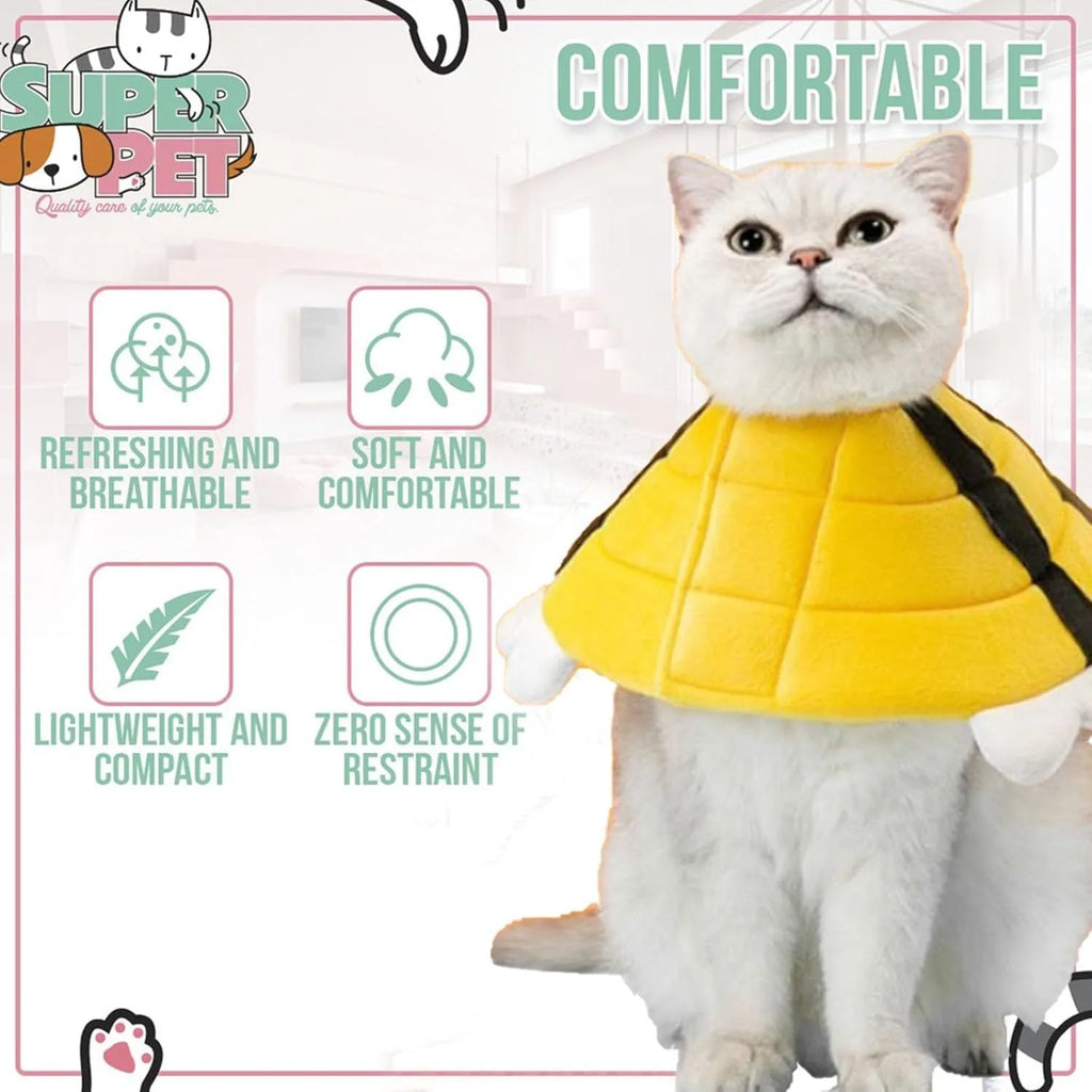 Soft cat cone collar with cute bee design showing Velcro closure for adjustable sizing