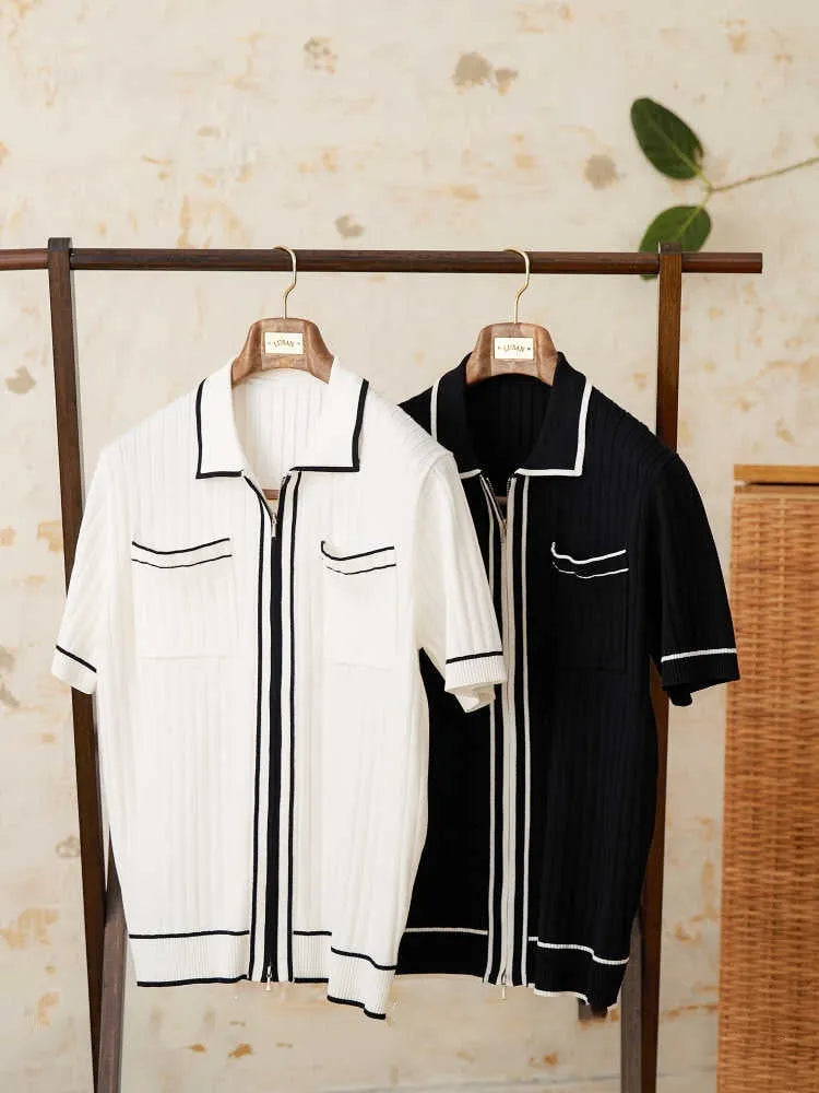 Slim fit lapel collar polo shirt in black and white colour options with short sleeves