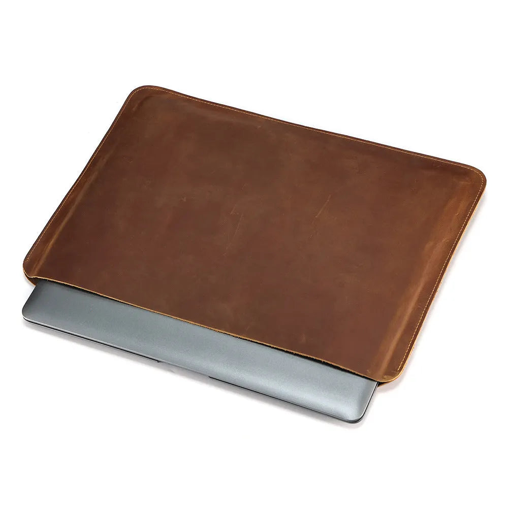 Brown crazy horse leather computer liner bag with cowhide lining in medium and large sizes
