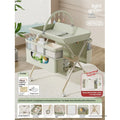 Baby care foldable multifunctional diaper-changing table with safety belt and storage baskets in beige top configuration