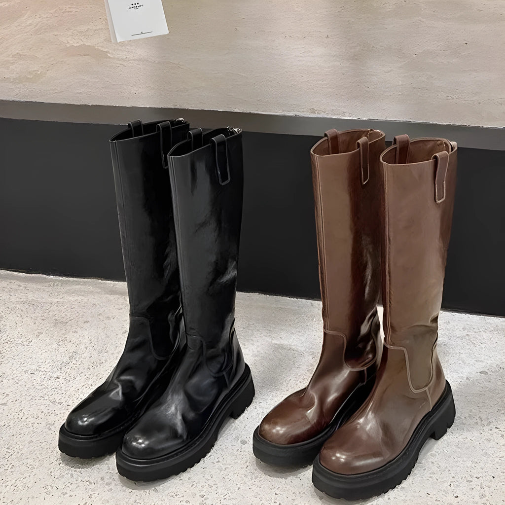 Black and brown women's long tube knight boots with chunky heel and back zipper.