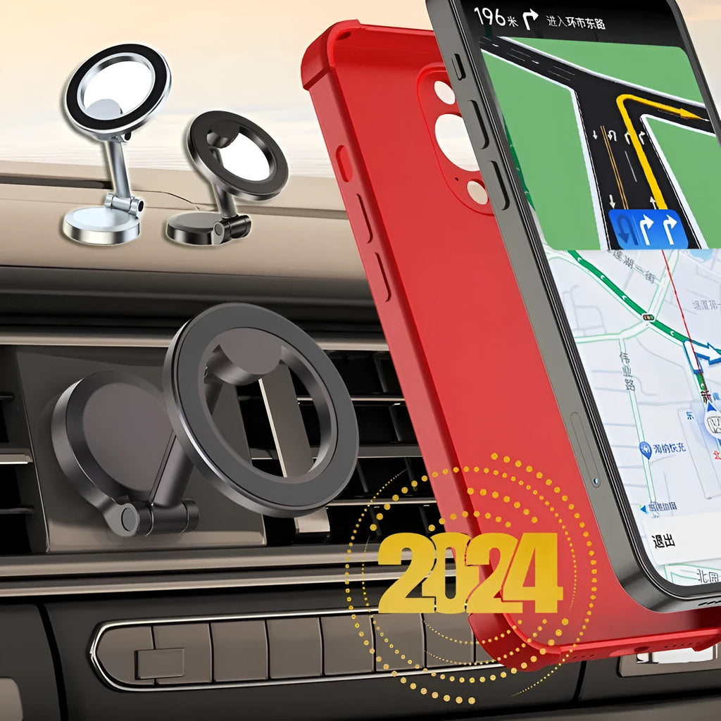 All-metal magnetic car phone mount with foldable design on car dashboard