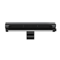 Black clip-on bladeless fan with integrated light attached to a laptop screen.