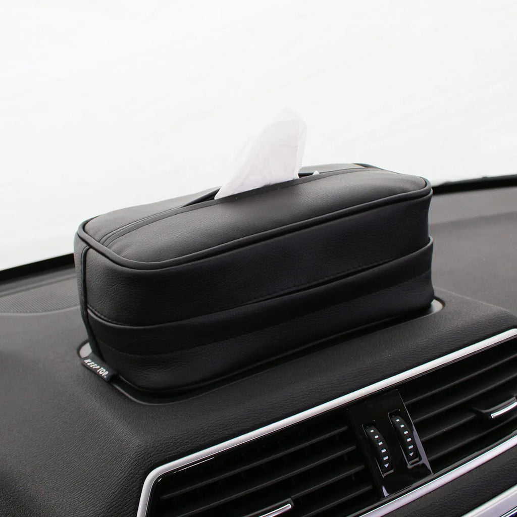 Black PU leather hanging storage box with hook for car or home organisation
