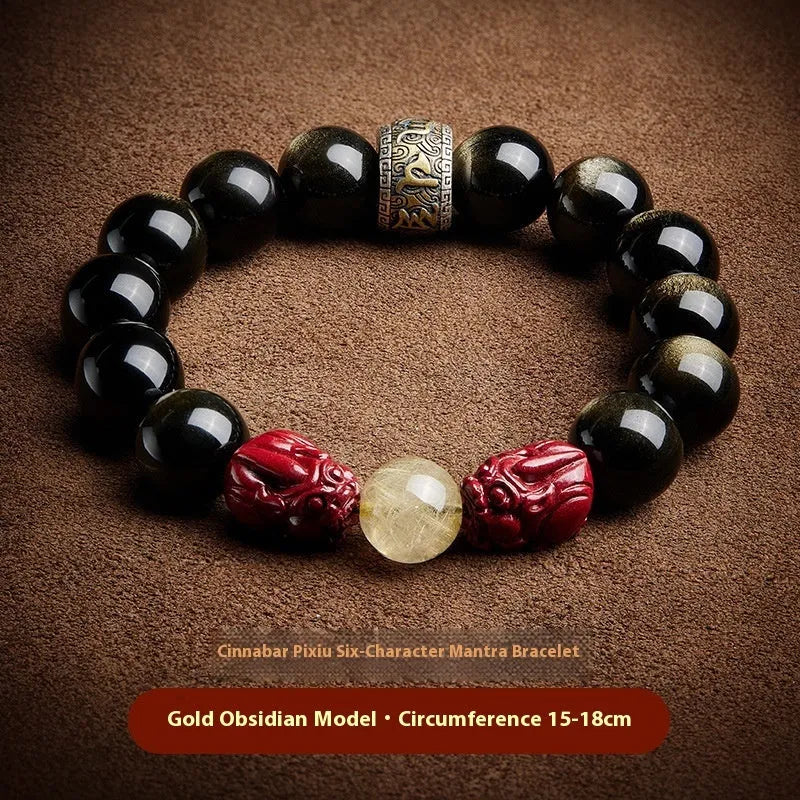 Hand-carved natural cinnabar beads bracelet with zodiac animal charm in gold or silver stone option