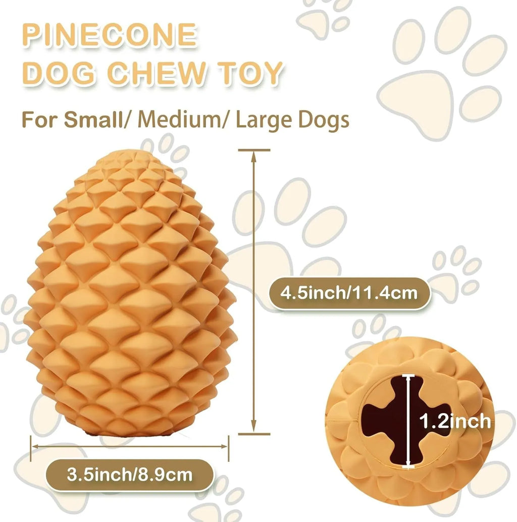 Yellow pine cone shaped natural rubber dog toy with treat dispenser hole