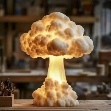 Modern mushroom cloud shaped table lamp with USB power connector on decorative base