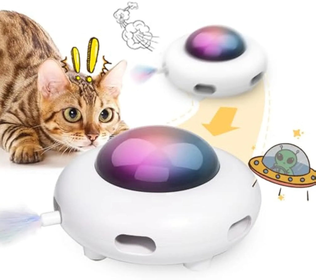 White UFO-shaped automatic cat toy with colourful feathers and LED lights