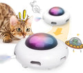 White UFO-shaped automatic cat toy with colourful feathers and LED lights