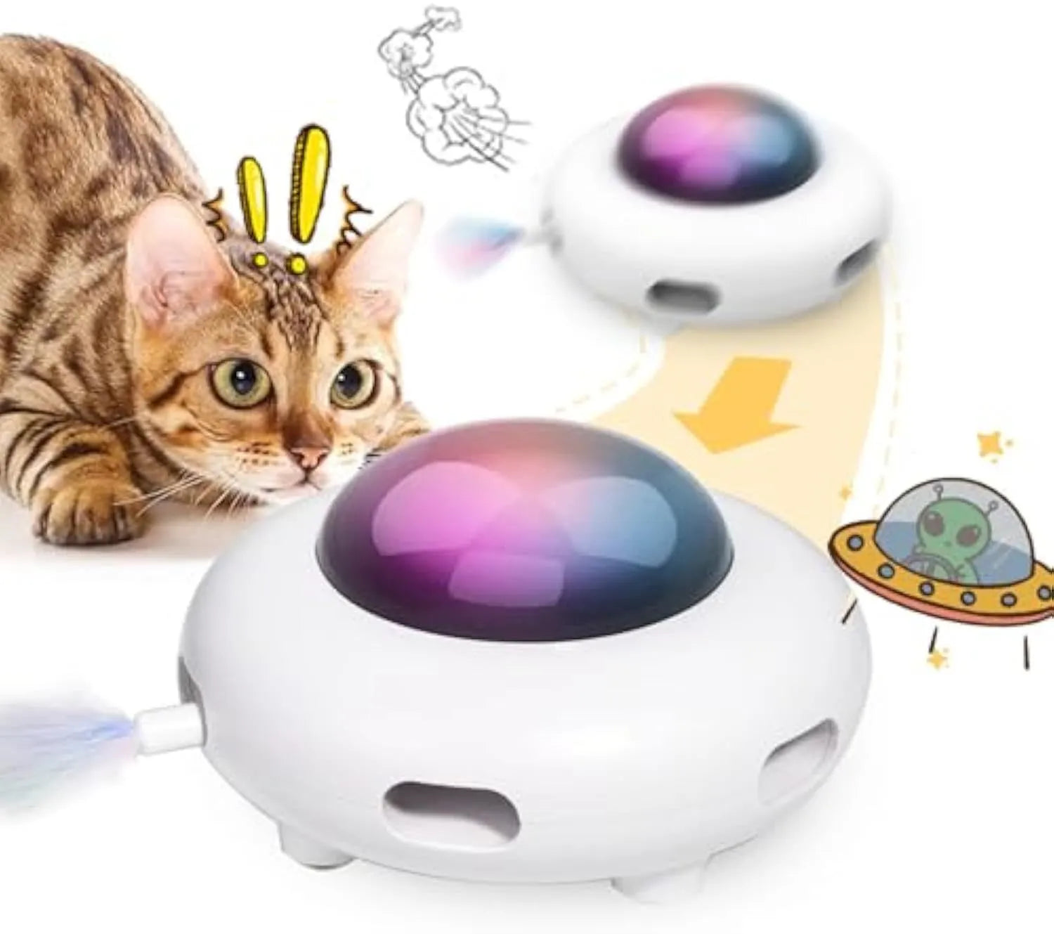 White UFO-shaped automatic cat toy with colourful feathers and LED lights