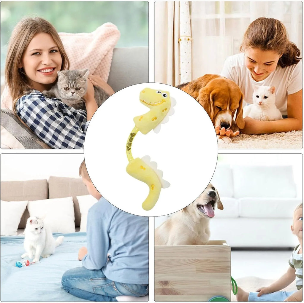 Four cat toys set showing catnip rope, plush mouse, plush fish, and plush bunny in pink, purple, yellow colours