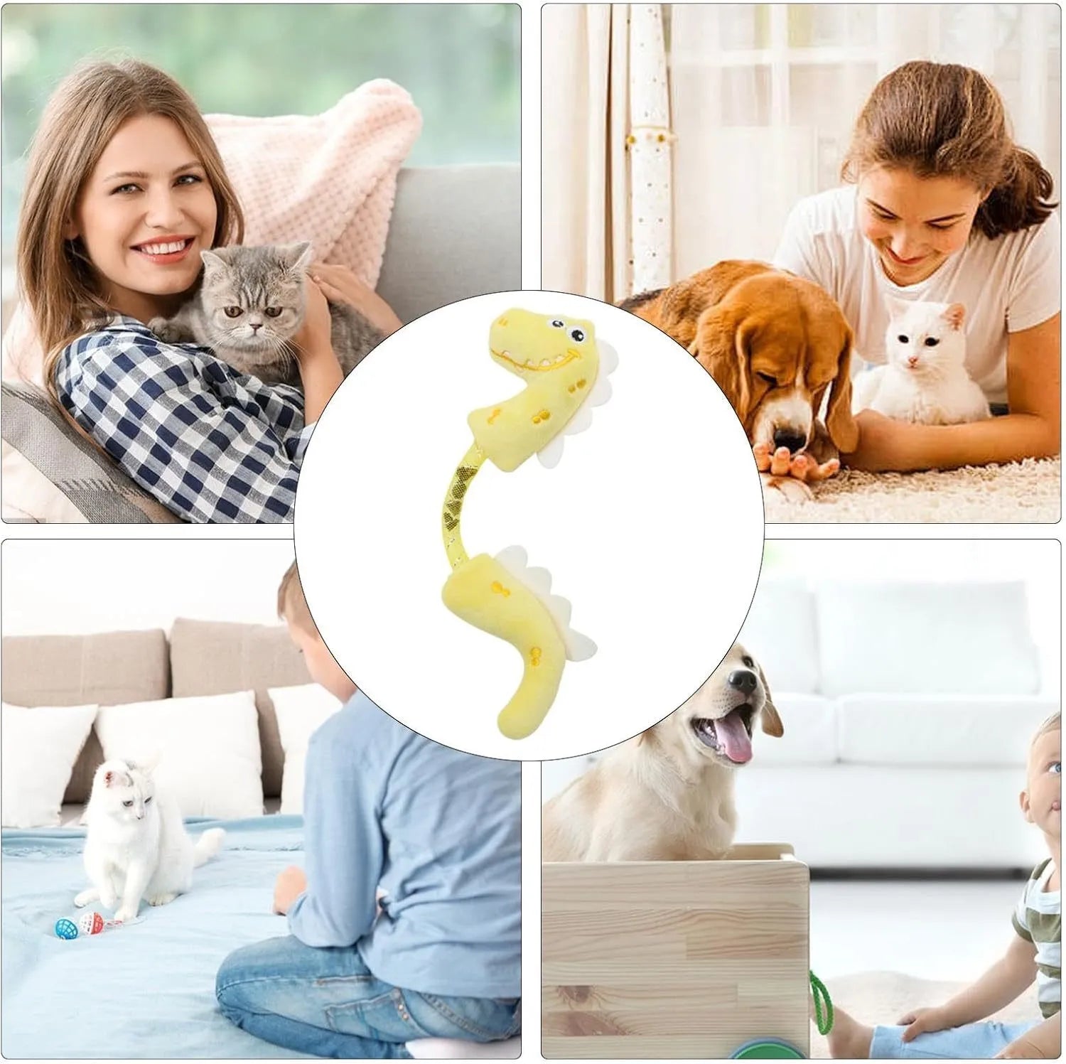 Four cat toys set showing catnip rope, plush mouse, plush fish, and plush bunny in pink, purple, yellow colours