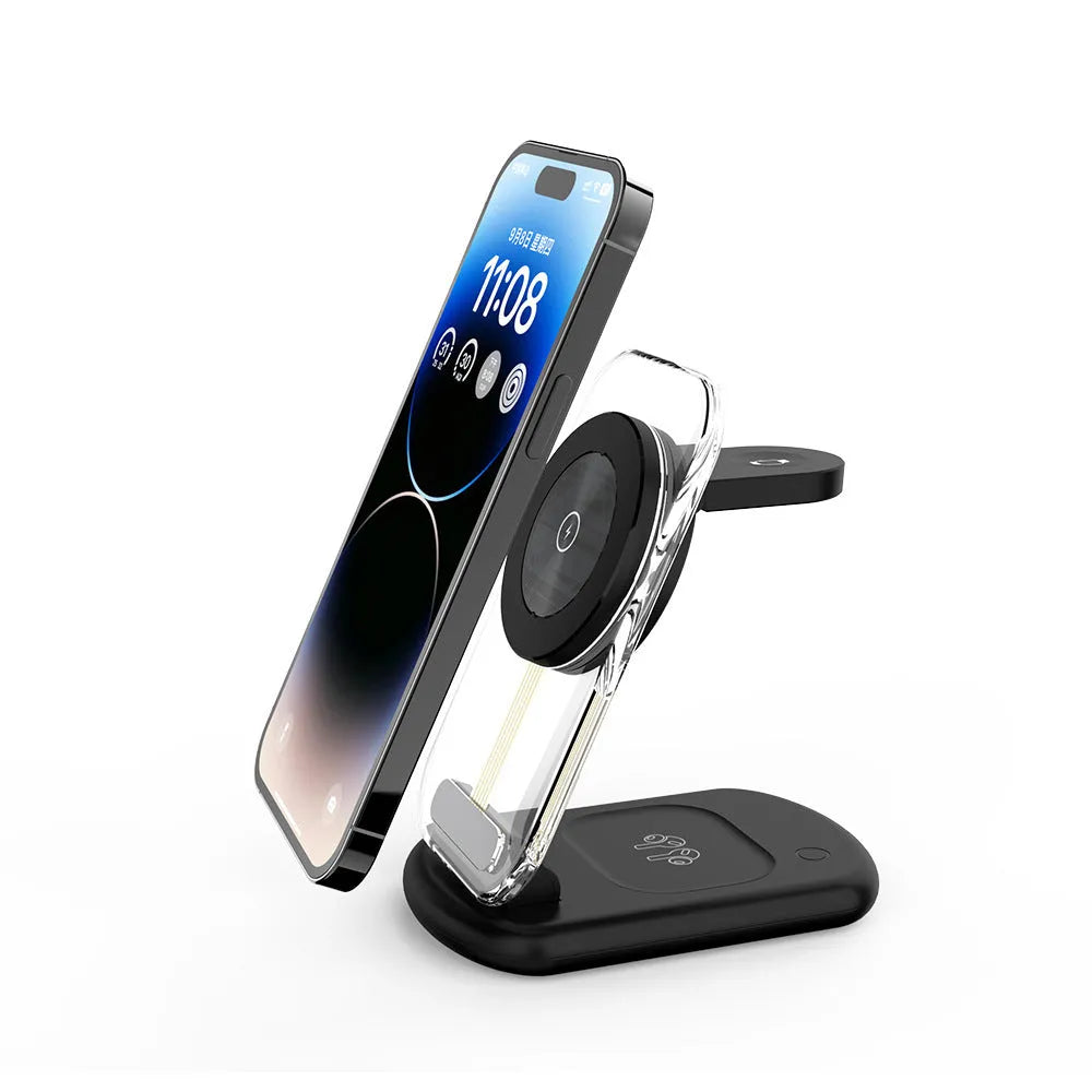 Transparent folding magnetic wireless fast charger in black on a table.