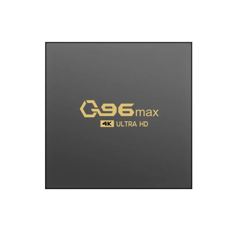 Q96 MAX S905 Android 4K TV Box set-top unit with remote control on a table.
