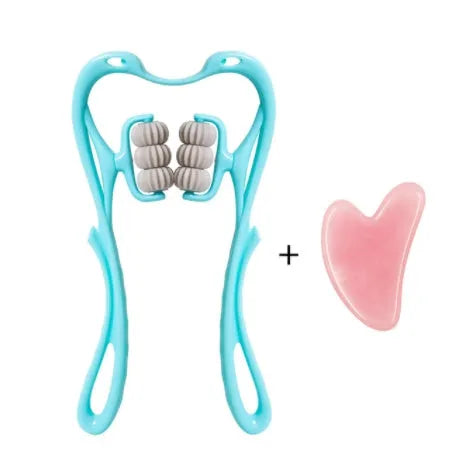 Blue manual swan-shaped neck massager with six rolling wheels and a natural crystal jade scraping board on a white background.