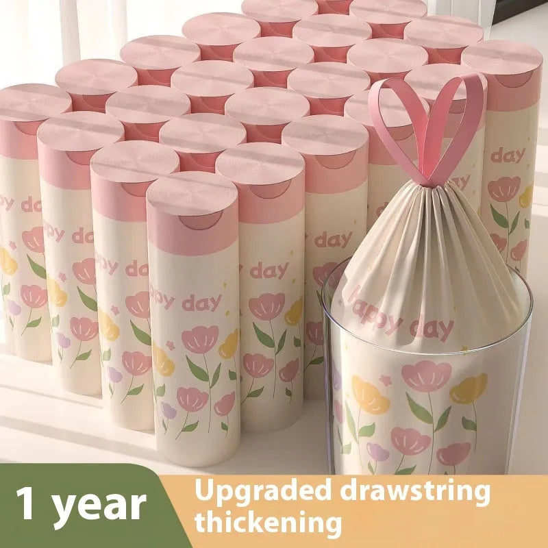Pink degradable drawstring garbage bags with argy wormwood for mosquito repellent, size 44cm by 48cm.