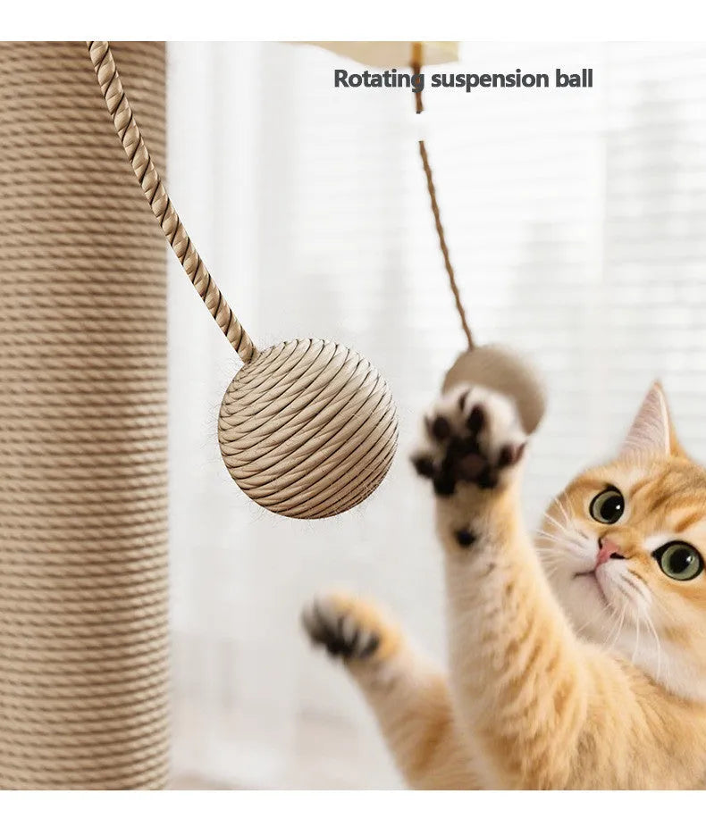 Pine wood cat climbing frame with carpet scratching surfaces and a windmill hanging ball toy.